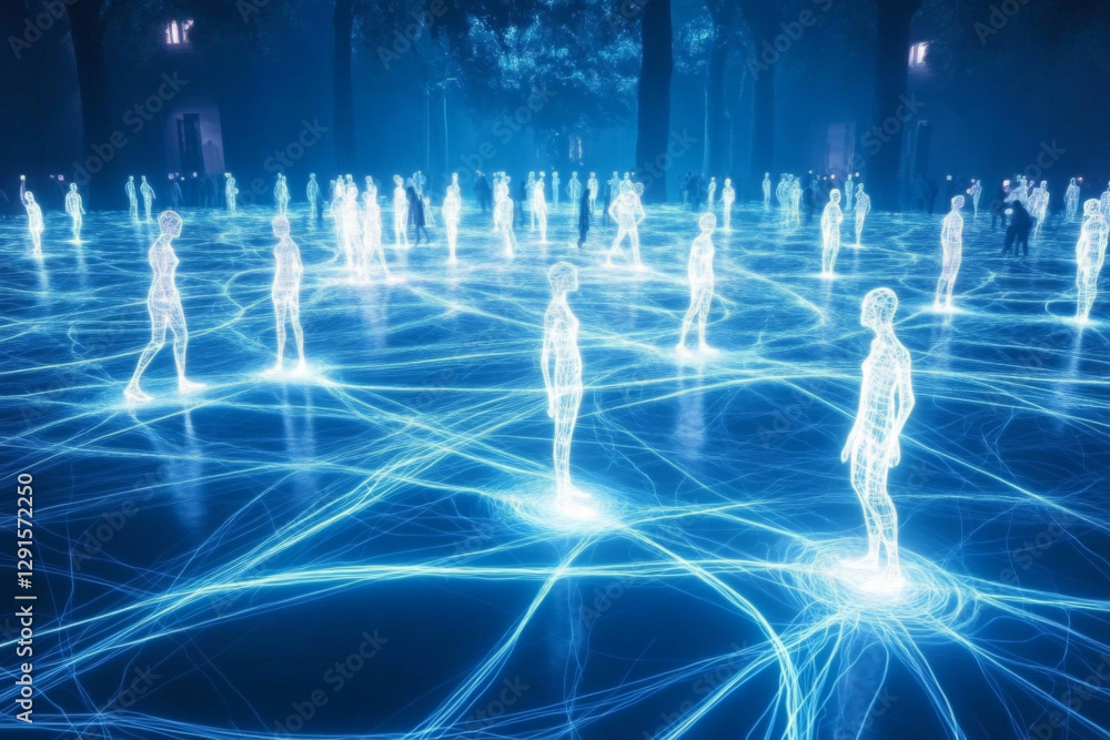 Poster bright blue lines connect figures standing in a vast, open area, creating a visual network. the sett