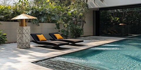 Elegant poolside retreat with modern chaise lounges and lush greenery
