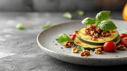 Grilled zucchini slices topped with walnuts, cheese, and basil on a plate;  fresh tomatoes in background