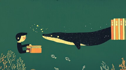 Eager Young Librarian with Colorful Books and Playful Otter Swimming Through Imagination