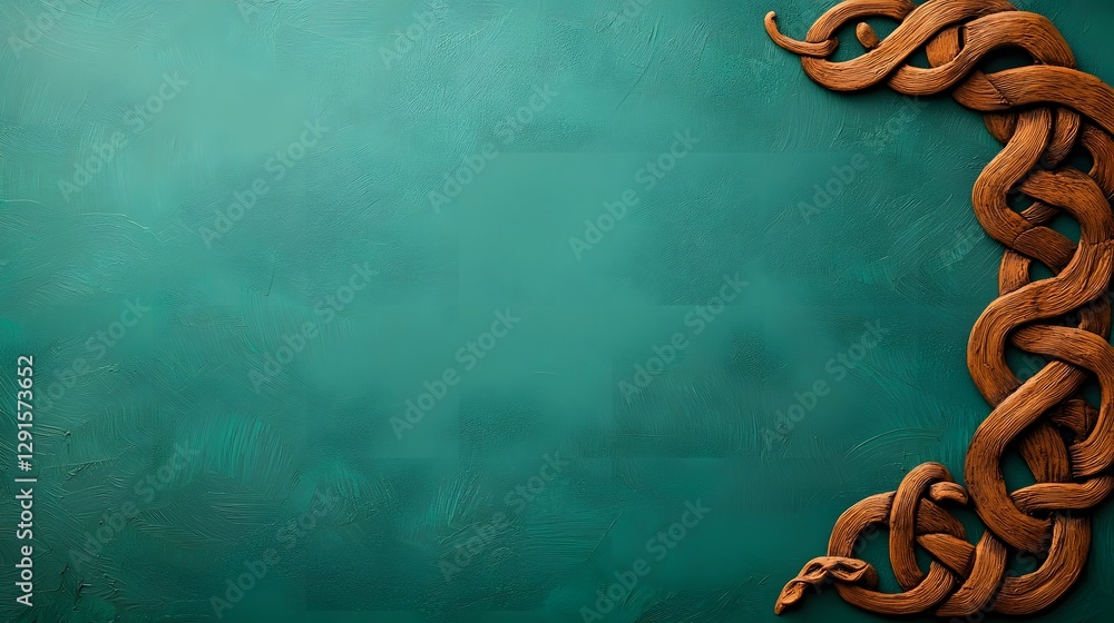 Poster flowing and intricate celtic knotwork pattern in a deep rich forest green color background with an o