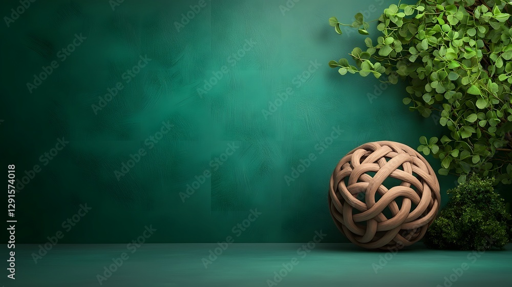 Poster flowing celtic knotwork design with intricate swirls and loops against a deep green forest backgroun