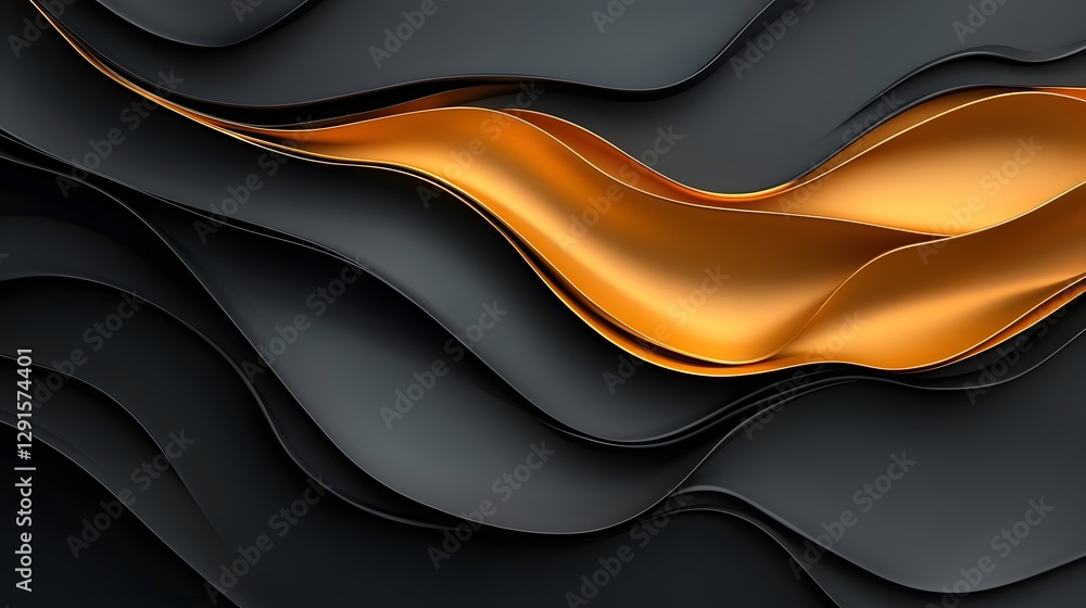 Poster flowing golden metallic waves cascading elegantly in a minimalist luxury design with a dark clean mi
