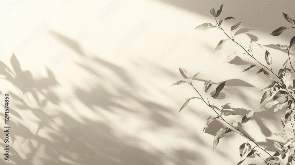 Poster sunlit shadows of leaves create a tranquil pattern on a light surface in a serene indoor space durin