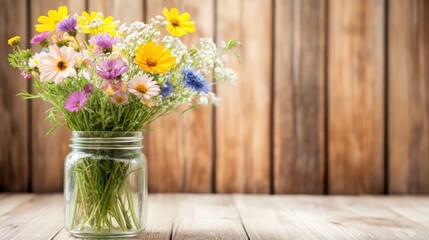 A vibrant bouquet of wildflowers in a glass jar placed on a wooden surface, perfect for use in home decor, gardening themes, or seasonal promotions related to nature,