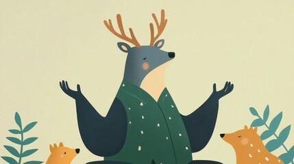 Obraz premium Serene Deer Yoga Instructor Guiding Animals in Tranquil Forest Setting