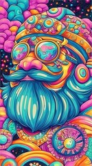 Psychedelic Portrait of a Bearded Man with Circular Glasses in Vibrant Colors