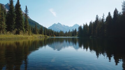 Serene Mountain Lake Surrounded by Evergreen Forests and Majestic Peaks Under Clear Blue Sky
