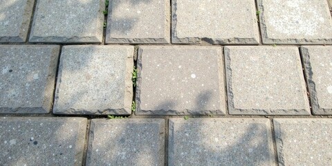 Fototapeta premium A sunlit pattern of interlocking grey paving stones, subtly textured with small stones, shows resilience and the persistent growth of small plants pushing through the cracks