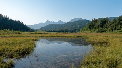Obraz premium Serene Reflection of Mountains in a Tranquil Wetland with Lush Grass and Clear Blue Sky