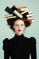 Surreal portrait of woman with books as hair art.