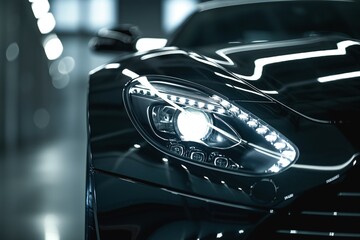 Close-up of a sleek black sports car's stylish headlight, showcasing modern design and craftsmanship.