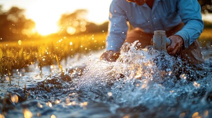 Farmer Irrigating Rice Paddy at Sunset