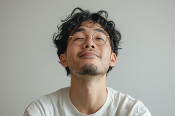 Obraz premium Young Asian man with curly hair and glasses, smiling joyfully against a neutral background.