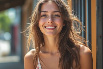 Fototapeta premium a woman smiling while sitting outside