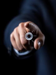 A business professional pointing with focus and intention, illustrating leadership traits.