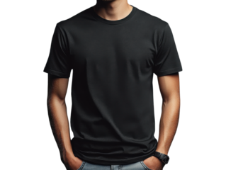 plain black t shirt worn by man with hands in pockets, showcasing casual style