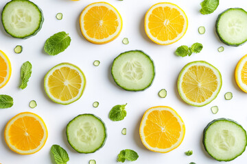 Obraz premium Vibrant slices of cucumbers and lemons scattered on a white surface, complemented by small mint leaves, creating a fresh and healthy aesthetic. Generative AI
