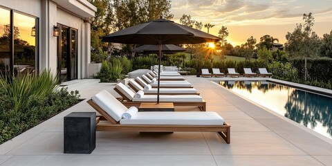Fototapeta premium Serene backyard lounge area with sunbeds poolside at sunset creating calm and luxurious relaxation spaces