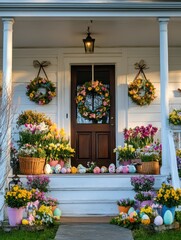 Fototapeta premium Charming Easter front porch, decorated with wreaths, Easter eggs, pastel-colored flowers in pots, welcoming atmosphere, soft light during sunset 