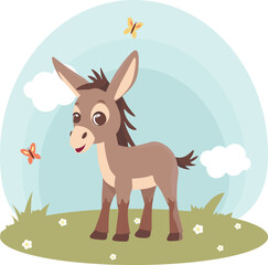 Donkey. Farm animals with landscape - cardboard vector illustration