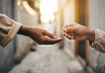 Muslim person giving money to a beggar during ramadan as an act of charity and religious observance