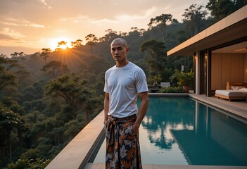 Stylish Man by Pool at Sunset in Luxurious Home. Generative Ai