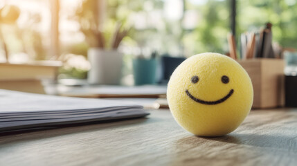 Bright yellow smiley face ball resting on wooden office desk, representing workplace happiness and positive team spirit
