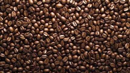 Fototapeta premium Close-up view reveals a texture rich with dark, glossy coffee beans, creating a warm and inviting backdrop perfect for coffee-related inspiration and enjoyment