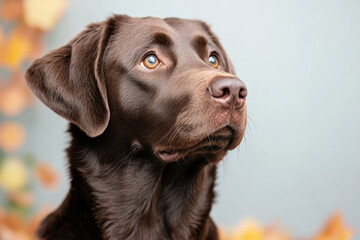 Closeup of a chocolate Labrador retriever with autumn leaves background, peaceful and attentive gaze