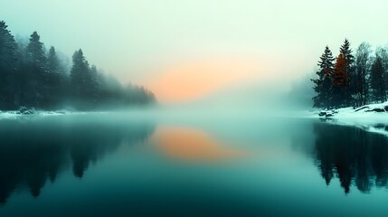 Fototapeta premium Frozen winter lake with icy blue reflections on both sides and soft fading mist in the center creating a serene and peaceful natural landscape scene