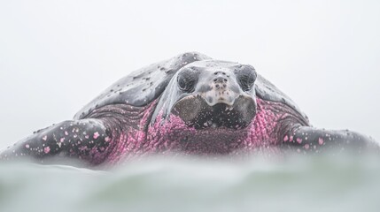 Obraz premium Pink-spotted sea turtle surfacing, ocean, cloudy day, wildlife conservation