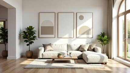Serene Living Room Decor  Modern Sectional Sofa, Neutral Color Palette, and Minimalist Artwork Featuring Geometric Shapes Accented by Lush Indoor Plants