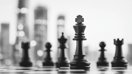 Chess pieces in focus with abstract cityscape background creating symbolic leadership and strategy concept