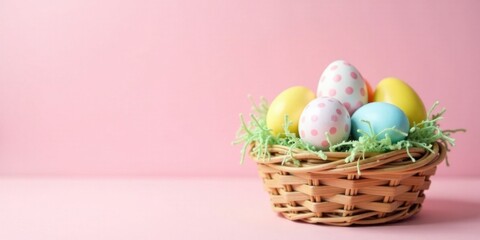 Pastel-colored eggs nestled in a wicker basket against a soft pink background, a charming spring scene.