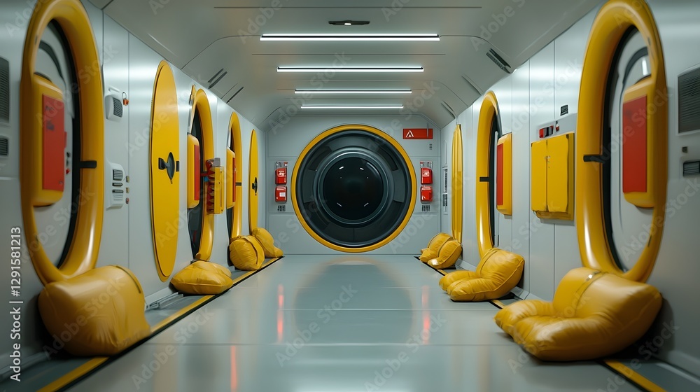 Poster futuristic and minimalist corridor inside a conceptual space station with glowing panels lining the 