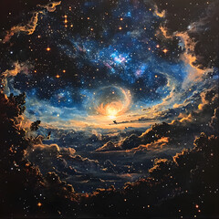 Fototapeta premium A starry sky with a distant galaxy radiating