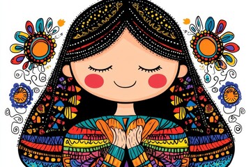 a 2D cartoon illustration of a person attending a cultural festival with traditional attire, vibrant and festive, white background