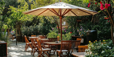 Obraz premium Serene outdoor caf, experience with wooden furniture and lush garden ambience