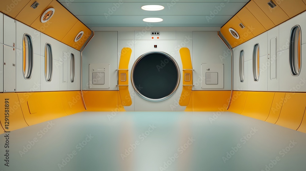 Poster futuristic and minimalist interior of a spaceship corridor with glowing metallic panels geometric pa