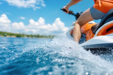 Close-up of water splashing from personal watercraft, rider's legs visible, sunny, blue skies.