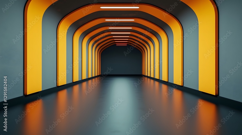 Poster futuristic and minimalist symmetrical spaceship corridor with sleek neon lighting illuminating the e