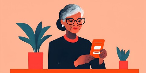 Digital accessibility concept. A smiling senior woman reading a book, surrounded by indoor plants against a colorful background.