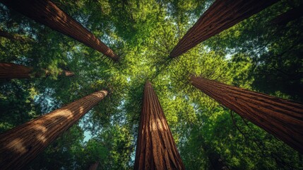 Dense forest with towering trees under a bright blue sky during a sunny day