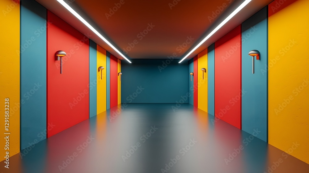 Poster futuristic and symmetrical spaceship corridors with sleek neon lighting illuminating the pathway lea