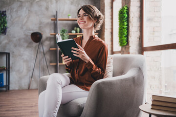 Photo of attractive young woman sit armchair read book wear brown satin shirt modern office room interior indoors workspace