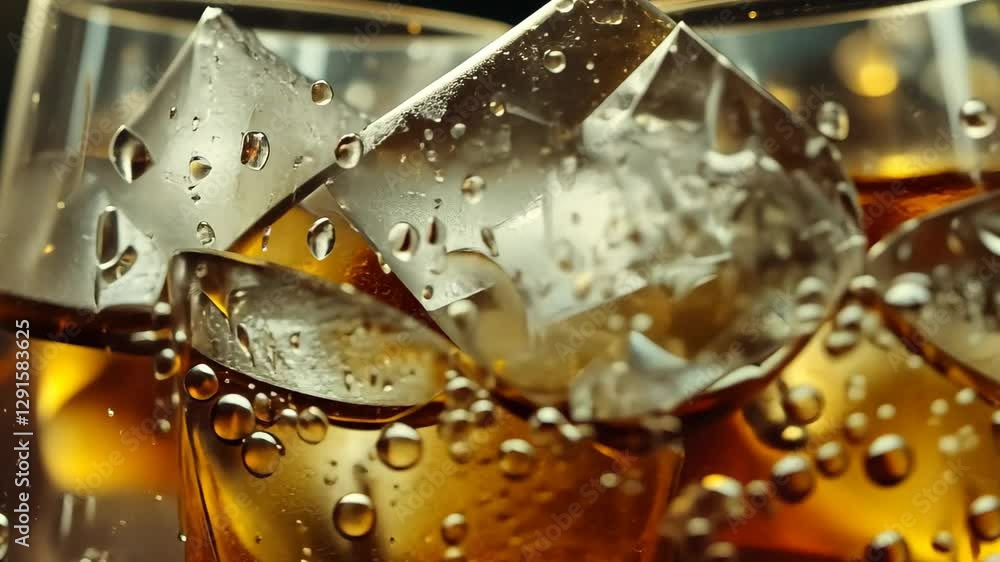Poster cola with ice and bubbles displayed in a glass captured in slow motion for refreshing enjoyment, col