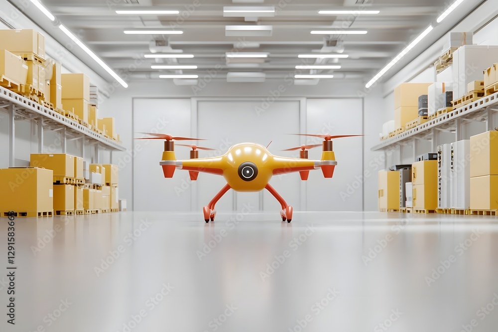 Poster futuristic and technologically advanced logistics hub featuring autonomous drones robotics and block