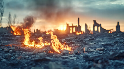 Naklejka premium Burning debris and crumbling buildings silhouetted against fiery sunset sky, depicting urban devastation and aftermath of conflict