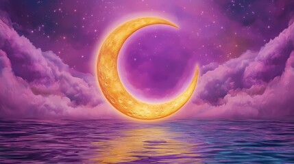 Obraz premium Mystical celestial moon aura. A vibrant crescent moon glows above a tranquil sea, surrounded by purple clouds and twinkling stars, creating a serene night scene.